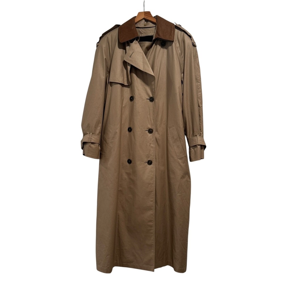 Vintage London Fog Towne Trench Coat Tan Leather Collar Belted Women's Size 12
